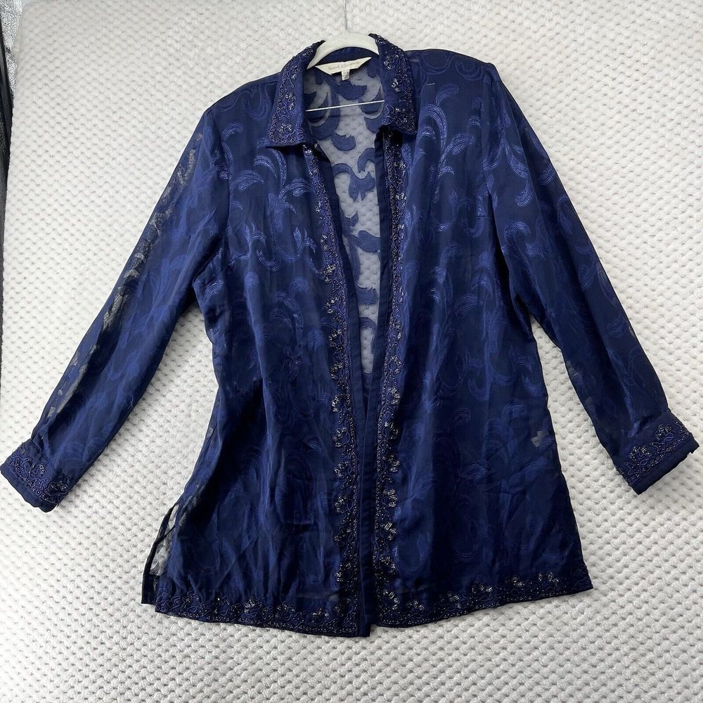 Vintage Sarah Elizabeth Sheer Cardigan Embellished Beaded Navy Elegant Floral 16